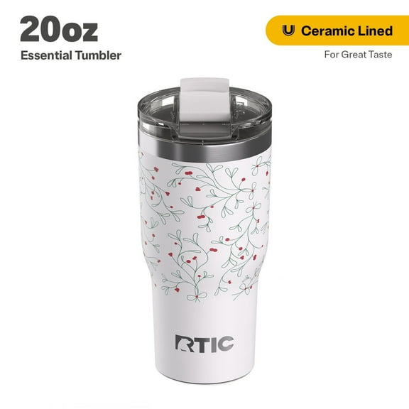 RTIC 20 oz Ceramic Lined Insulated Essential Tumbler, Leak-Resistant Lid, Christmas, Holiday, Mistletoe