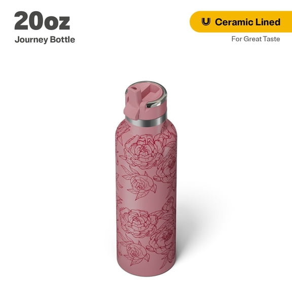 RTIC 20 oz Ceramic Lined Insulated Journey Water Bottle, Leak-Proof Lid, Pink Peonies