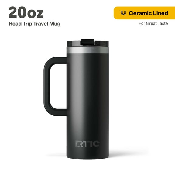 RTIC 20 oz Ceramic Lined Insulated Road Trip Travel Mug, Leak-Resistant Lid, Black