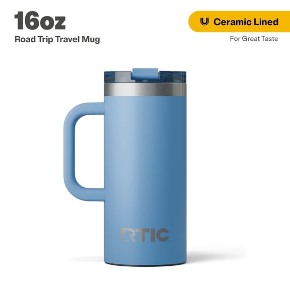 RTIC 20 oz Ceramic Lined Insulated Road Trip Travel Mug, Leak-Resistant Lid, Denim