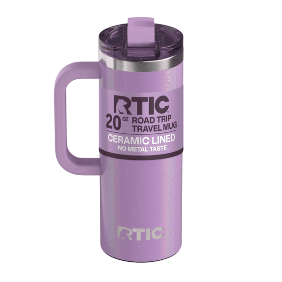 RTIC 20 oz Ceramic Lined Insulated Road Trip Travel Mug, Leak-Resistant Lid, Lavender Glitter