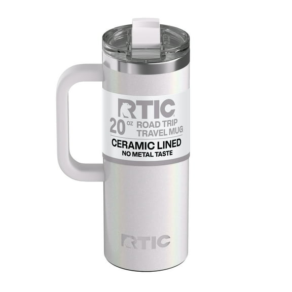 RTIC 20 oz Ceramic Lined Insulated Road Trip Travel Mug, Leak-Resistant Lid, White Glitter