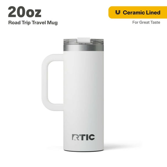 RTIC 20 oz Ceramic Lined Insulated Road Trip Travel Mug, Leak-Resistant Lid, White