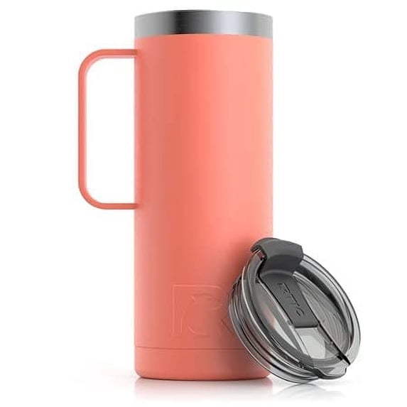 RTIC 20 oz Coffee Travel Mug with Lid and Handle, Stainless Steel Vacuum-Insulated Mugs, Leak, Spill Proof, Hot Beverage and Cold, Portable Thermal Tumbler Cup for Car, Camping, Coral