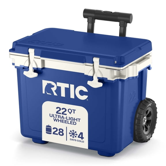 RTIC 22 QT Wheeled Hard-Sided Cooler, Fits 28 Cans or 6 Wine Bottles, Cobalt & White