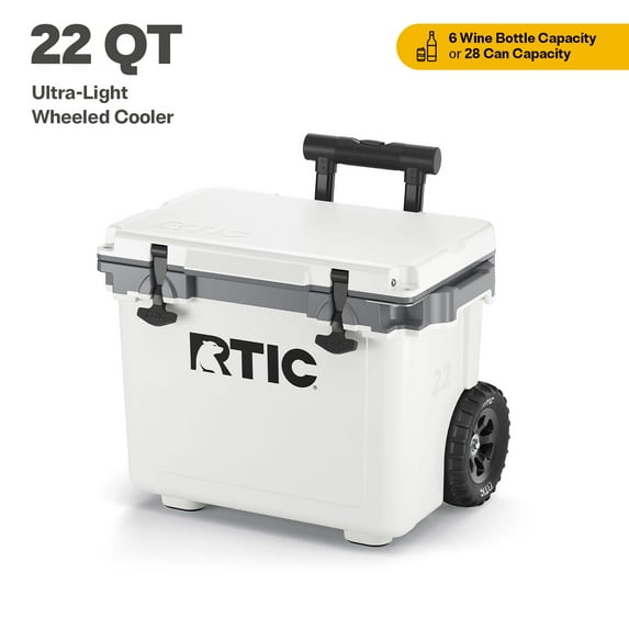 RTIC 22 QT Ultra-Light Wheeled Hard-Sided Ice Chest Cooler, Fits 28 Cans, 6 Wine Bottles, White & Grey