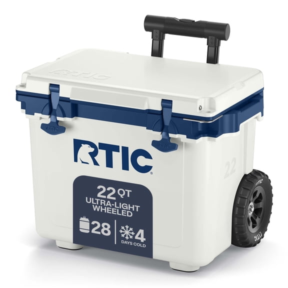 RTIC 22 QT Wheeled Hard-Sided Cooler, Fits 28 Cans or 6 Wine Bottles, Cool Grey & Navy
