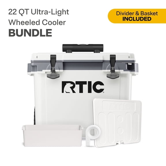 RTIC 22 Quart Wheeled Ultra-Light Hard Cooler Bundle, with Freezable Divider, Dry Basket and Wine Holders, White & Grey