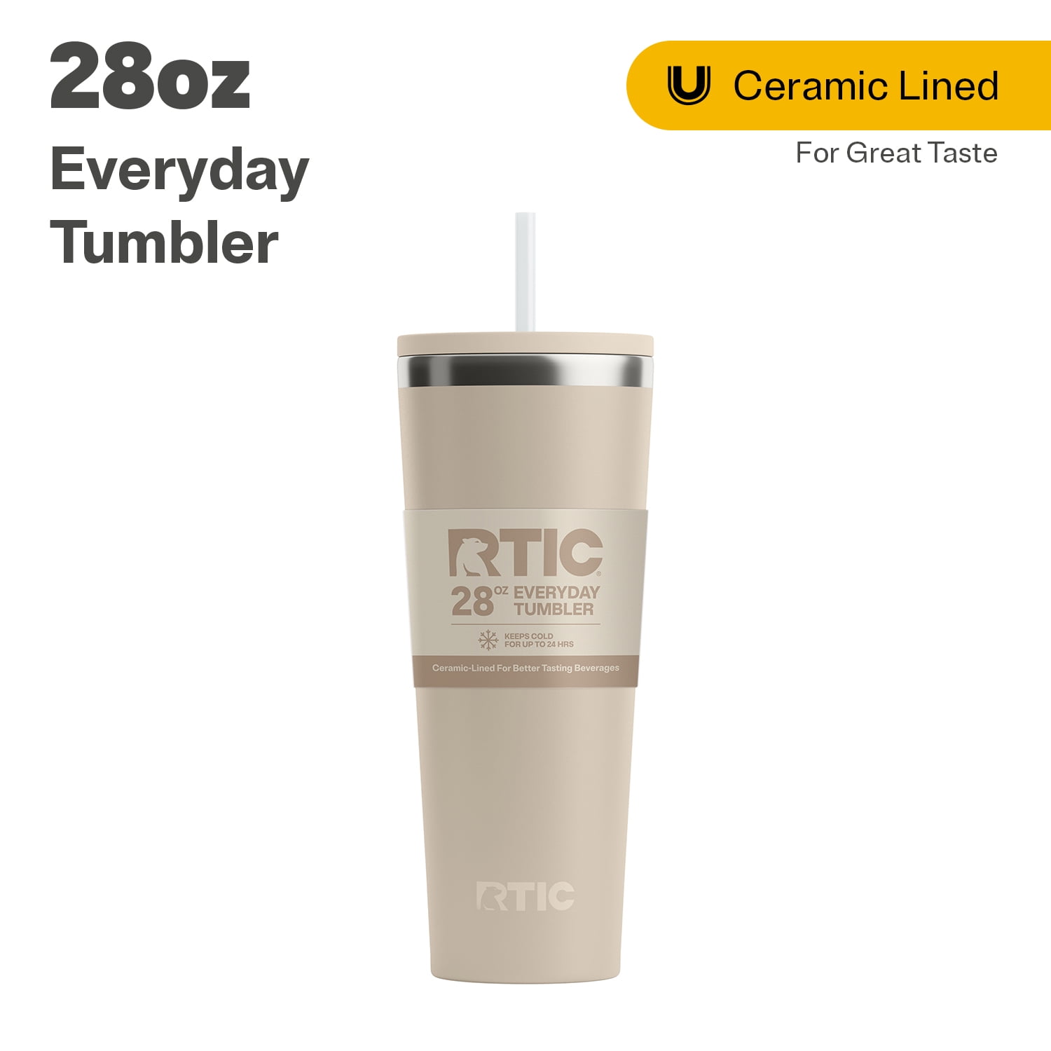 RTIC 28 oz Ceramic Lined Everyday Tumbler, Spill-Resistant Straw