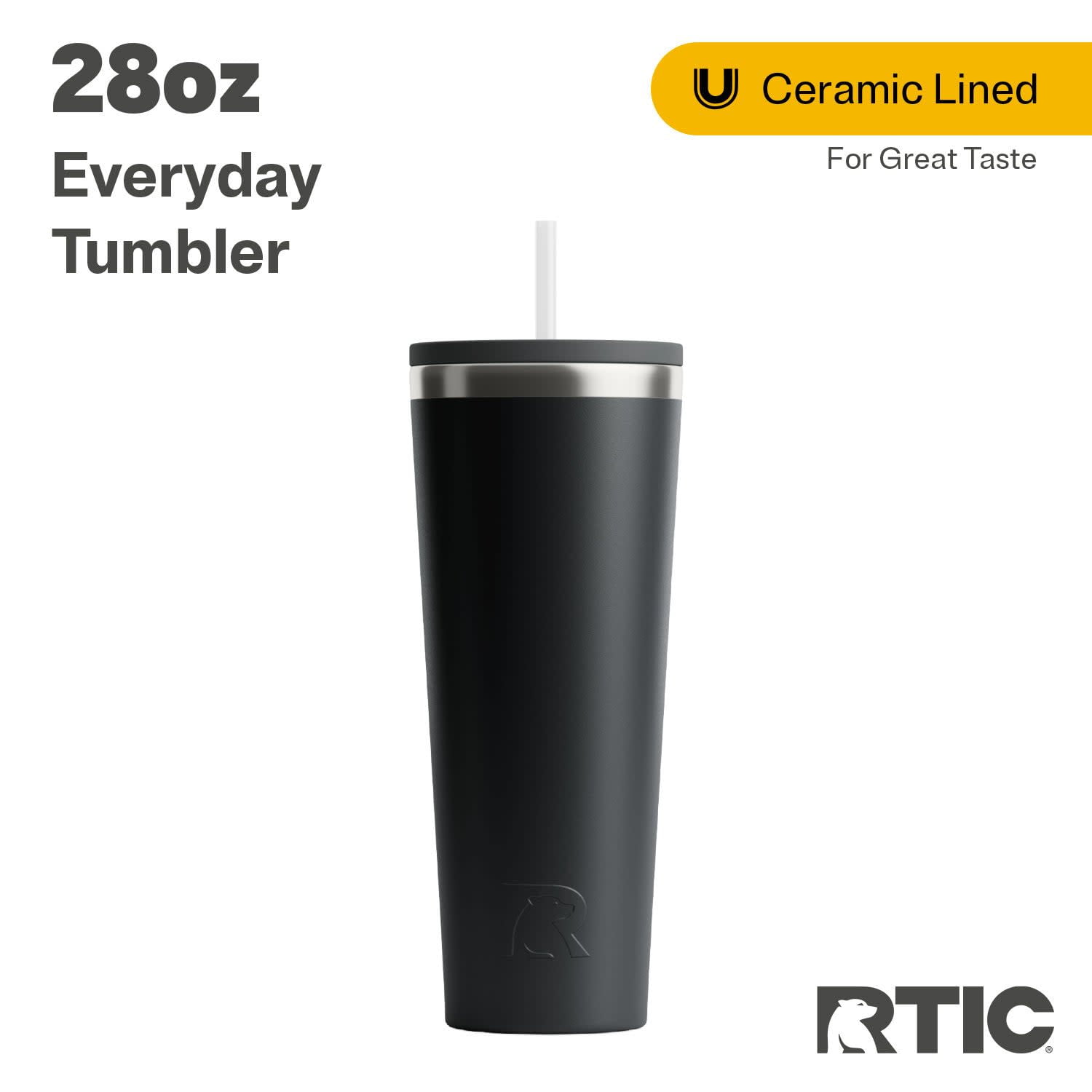 RTIC 28 oz Ceramic Lined Everyday Tumbler, Spill-Resistant Straw