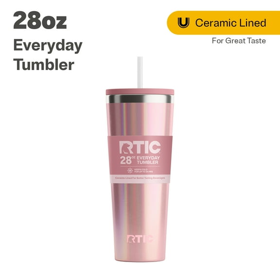 RTIC 28 oz Ceramic Lined Everyday Tumbler, Spill-Resistant Straw Lid, Dusty Rose Glitter