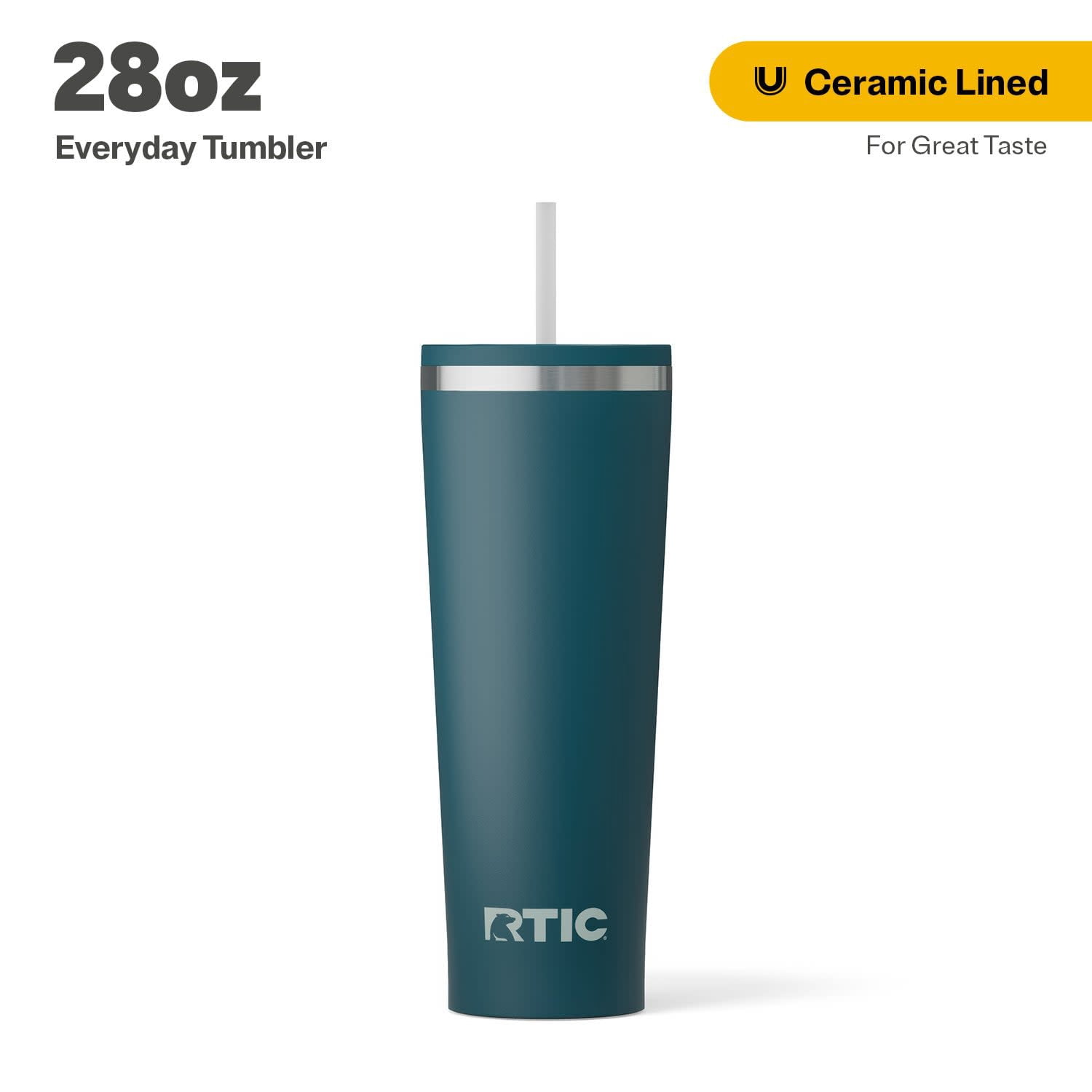RTIC 28 oz Ceramic Lined Everyday Tumbler, Spill-Resistant Straw