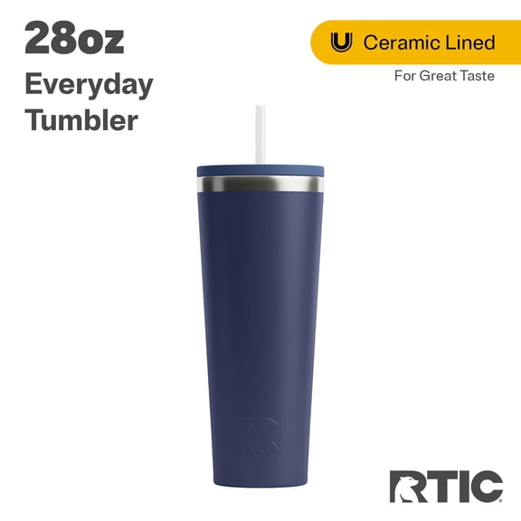 RTIC 28 oz Ceramic Lined Everyday Tumbler, Spill-Resistant Straw Lid, Navy