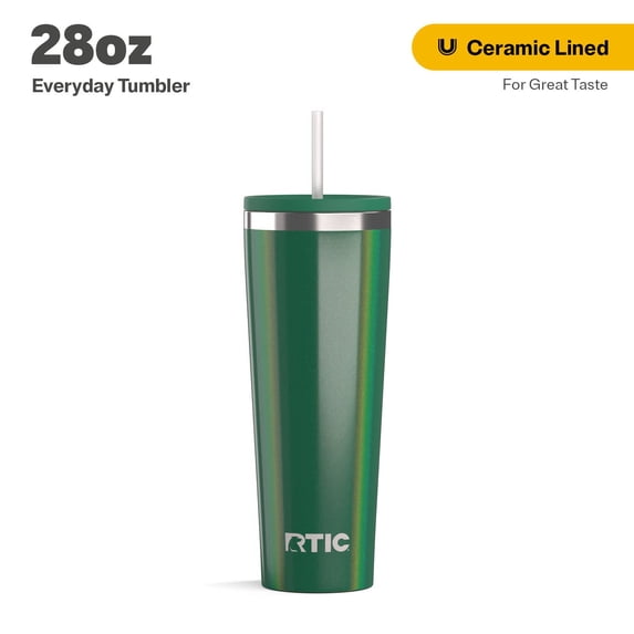 RTIC 28 oz Ceramic Lined Everyday Tumbler, Spill-Resistant Straw Lid, Pine Tree Glitter