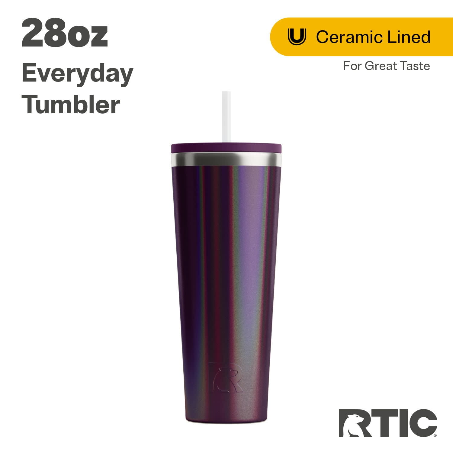 RTIC 28 oz Ceramic Lined Everyday Tumbler, Spill-Resistant Straw Lid ...