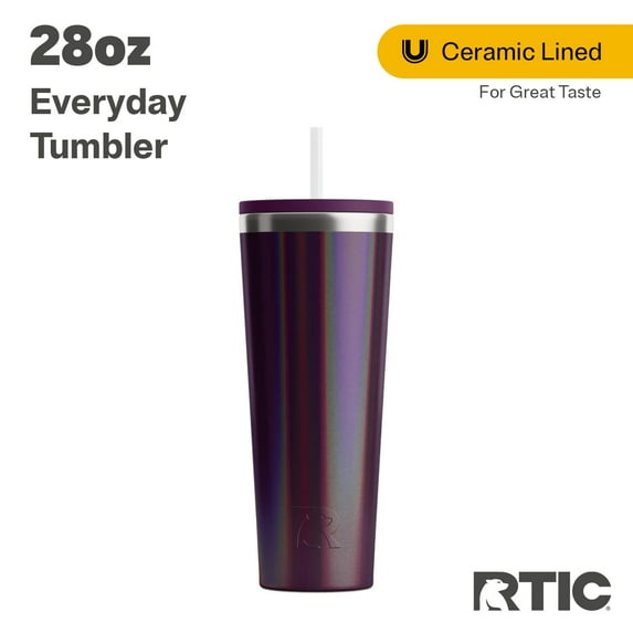 RTIC 28 oz Ceramic Lined Everyday Tumbler, Spill-Resistant Straw Lid, Plum Glitter