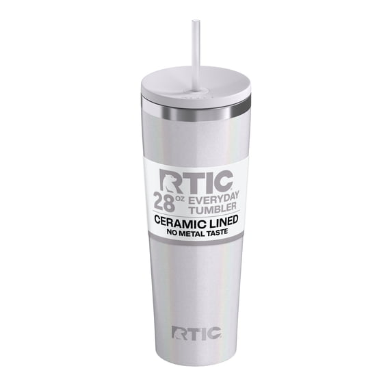 RTIC 28 oz Ceramic Lined Everyday Tumbler, Spill-Resistant Straw Lid, White Glitter