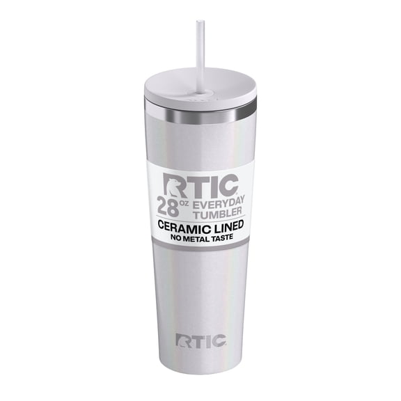 RTIC 28 oz Ceramic Lined Everyday Tumbler, Spill-Resistant Straw Lid, White Glitter