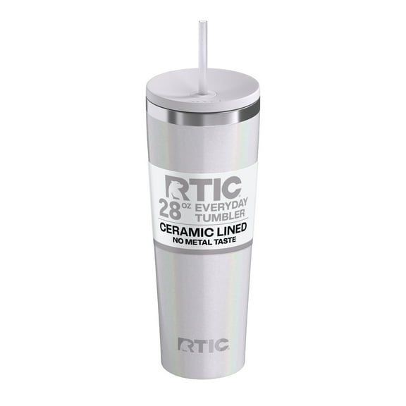 RTIC 28 oz Ceramic Lined Everyday Tumbler, Spill-Resistant Straw Lid, White Glitter
