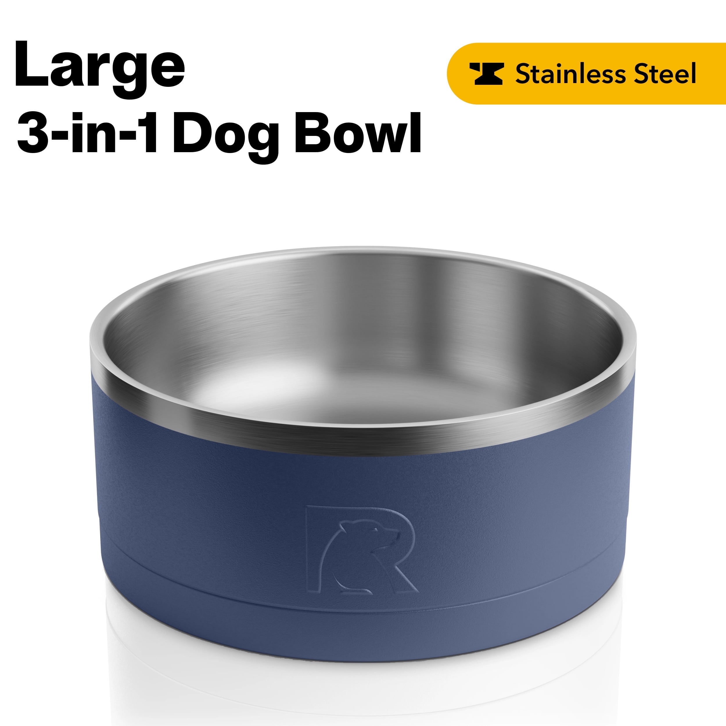 RTIC 3-in-1 Dog Bowl, Large, Stainless Steel Insulated Bowl, Silicone Lid, Navy & Graphite