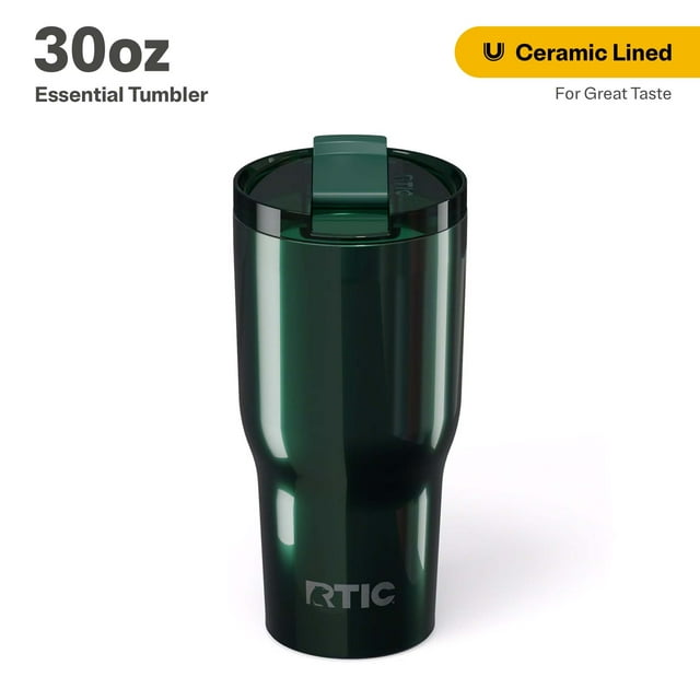 RTIC 30 oz Ceramic Lined Insulated Essential Tumbler, Leak-Resistant Lid, Emerald Green Metallic