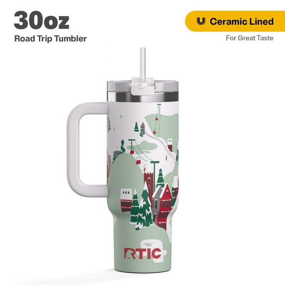 RTIC 30 oz Ceramic Lined Road Trip Tumbler, Leak-Resistant Straw Lid, Christmas, Holiday, Apres Ski