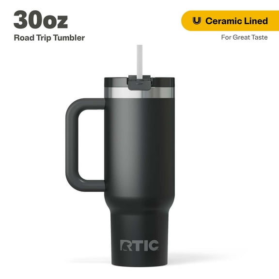 RTIC 30 oz Insulated Tumbler with Handle, Ceramic Lined, Leak-Resistant Straw Lid, Black, Road Trip Tumbler