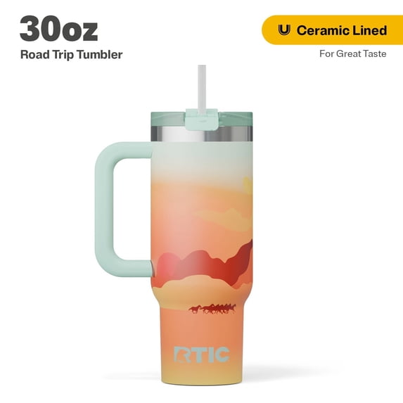 RTIC 30 oz Insulated Tumbler with Handle, Ceramic Lined, Leak-Resistant Straw Lid, Desert Sunset, Road Trip Tumbler