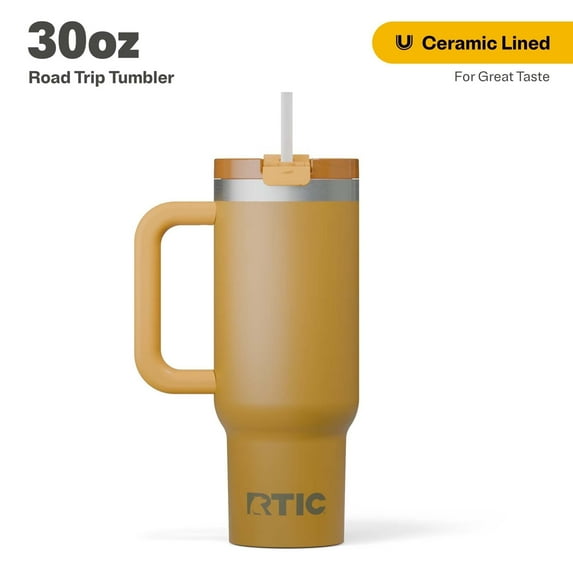 RTIC 30 oz Ceramic Lined Road Trip Tumbler, Leak-Resistant Straw Lid, Harvest