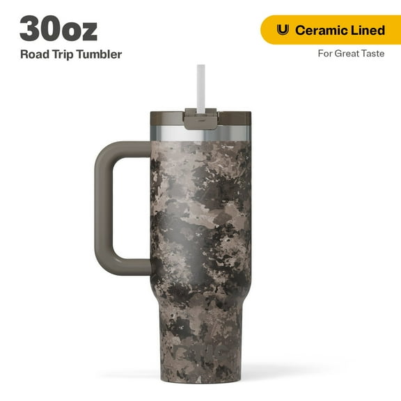 RTIC 30 oz Insulated Tumbler with Handle, Ceramic Lined, Leak-Resistant Straw Lid, Olive Midnight Camo, Road Trip Tumbler