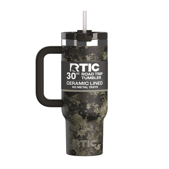 RTIC 30 oz Insulated Tumbler with Handle, Ceramic Lined, Leak-Resistant Straw Lid, Olive Midnight Camo