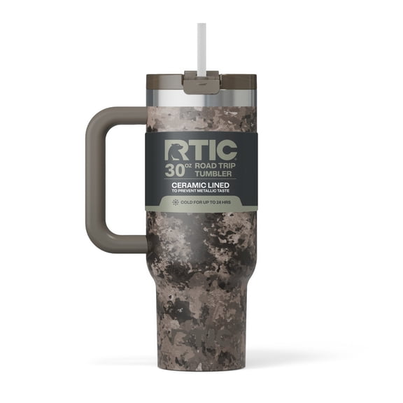 RTIC 30 oz Insulated Tumbler with Handle, Ceramic Lined, Leak-Resistant Straw Lid, Olive Midnight Camo