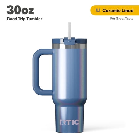 RTIC 30 oz Ceramic Lined Road Trip Tumbler, Leak-Resistant Straw Lid, Pond Glitter