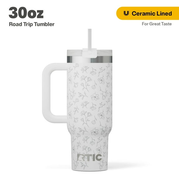 RTIC 30 oz Tumbler, Ceramic Lined, Leak-Resistant Straw Lid, Road Trip, White Magnolias