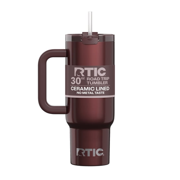 RTIC 30 oz Ceramic Lined Road Trip Tumbler with Handle and Leak-Resistant Straw Lid, Chocolate Brown Metallic