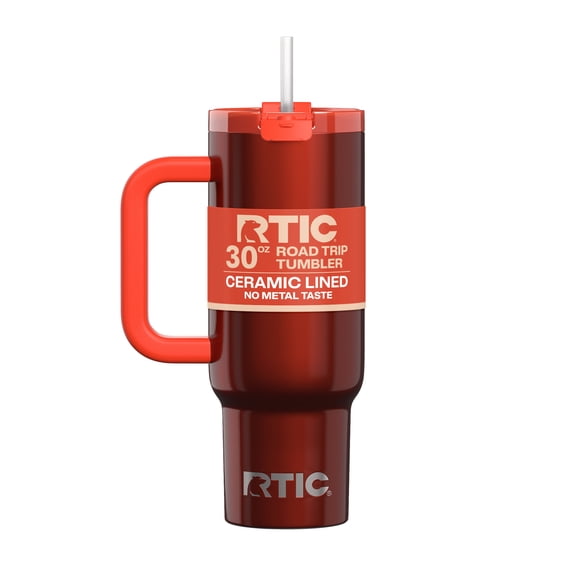 RTIC 30 oz Ceramic Lined Road Trip Tumbler with Handle and Leak-Resistant Straw Lid, Persimmon Metallic
