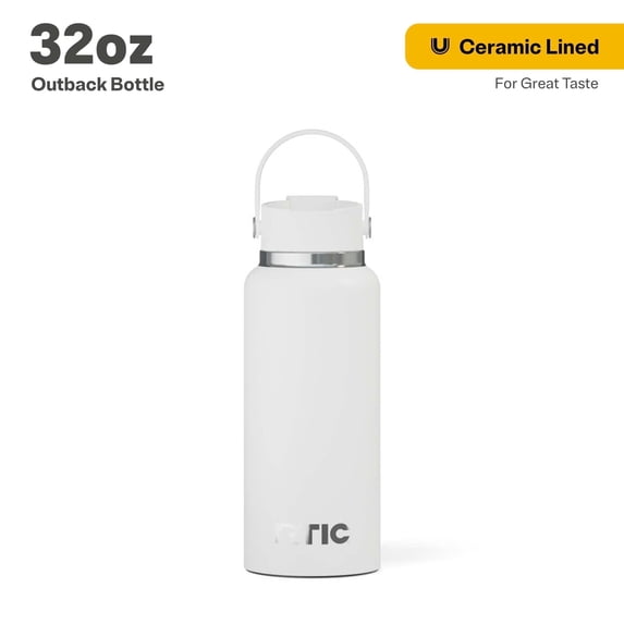 RTIC 32 oz Ceramic Lined Insulated Outback Water Bottle, Leak Resistant, White