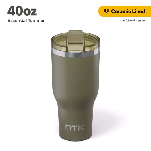 RTIC 40 oz Ceramic Lined Insulated Essential Tumbler, Leak-Resistant Lid, Olive