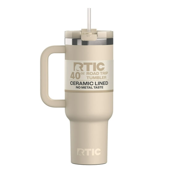 RTIC 40 oz Ceramic Lined Road Trip Tumbler, Leak-Resistant Straw Lid, Beach
