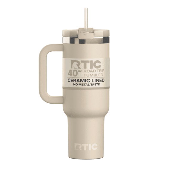 RTIC 40 oz Ceramic Lined Road Trip Tumbler, Leak-Resistant Straw Lid, Beach