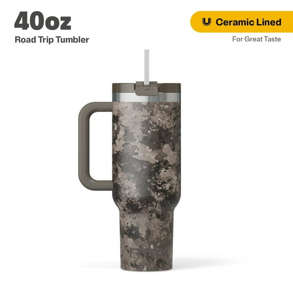 RTIC 40 oz Ceramic Lined Road Trip Tumbler, Leak-Resistant Straw Lid, Olive Midnight Camo