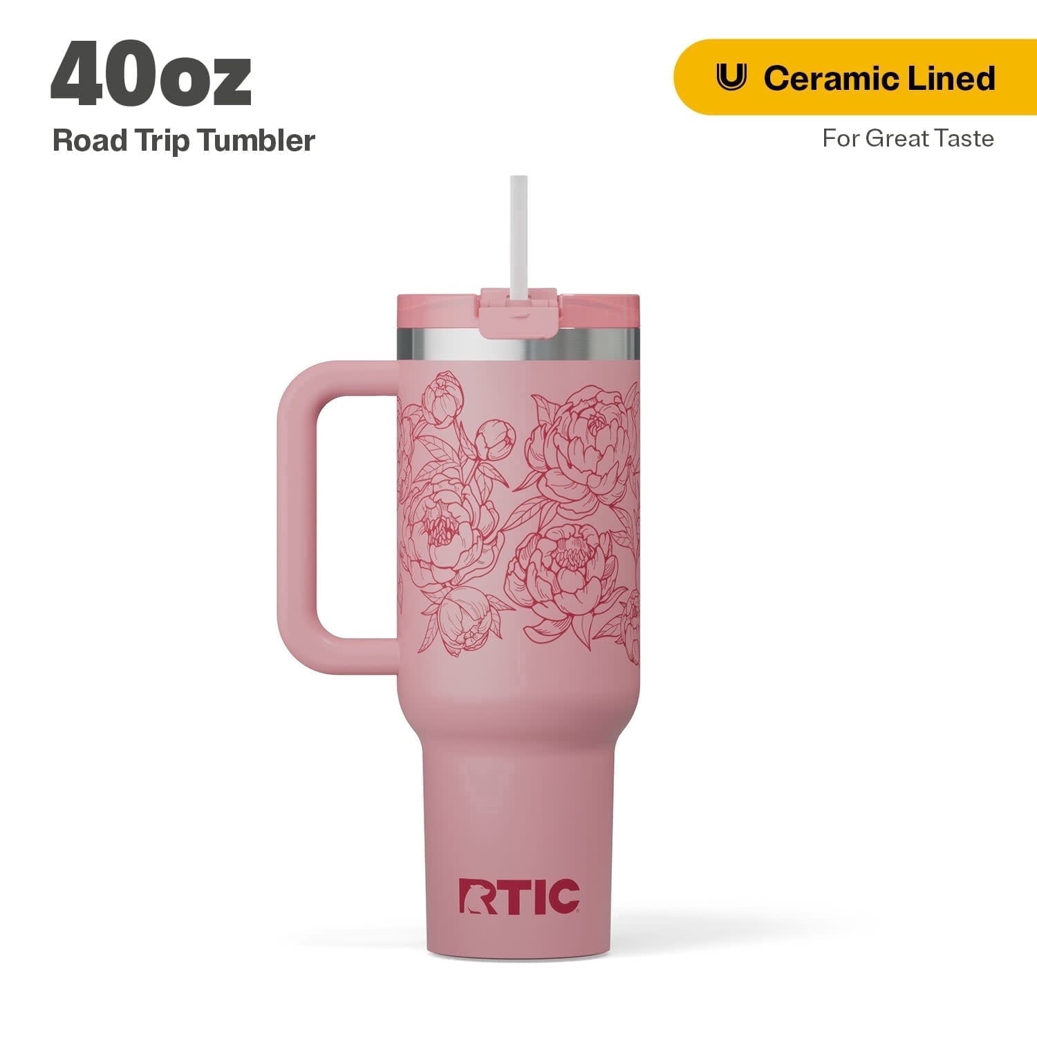RTIC, Road Trip Tumbler, 40 oz, Ceramic Lined Pink Peonies