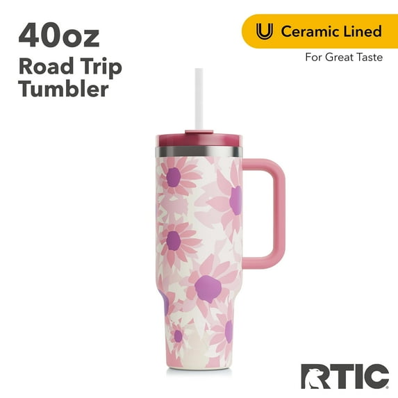 RTIC 40 oz Ceramic Lined Road Trip Tumbler, Leak-Resistant Lid with Straw, Pink Water Lilies