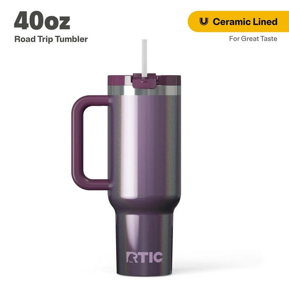 RTIC 40 oz Ceramic Lined Road Trip Tumbler, Leak-Resistant Lid with Straw, Plum Glitter