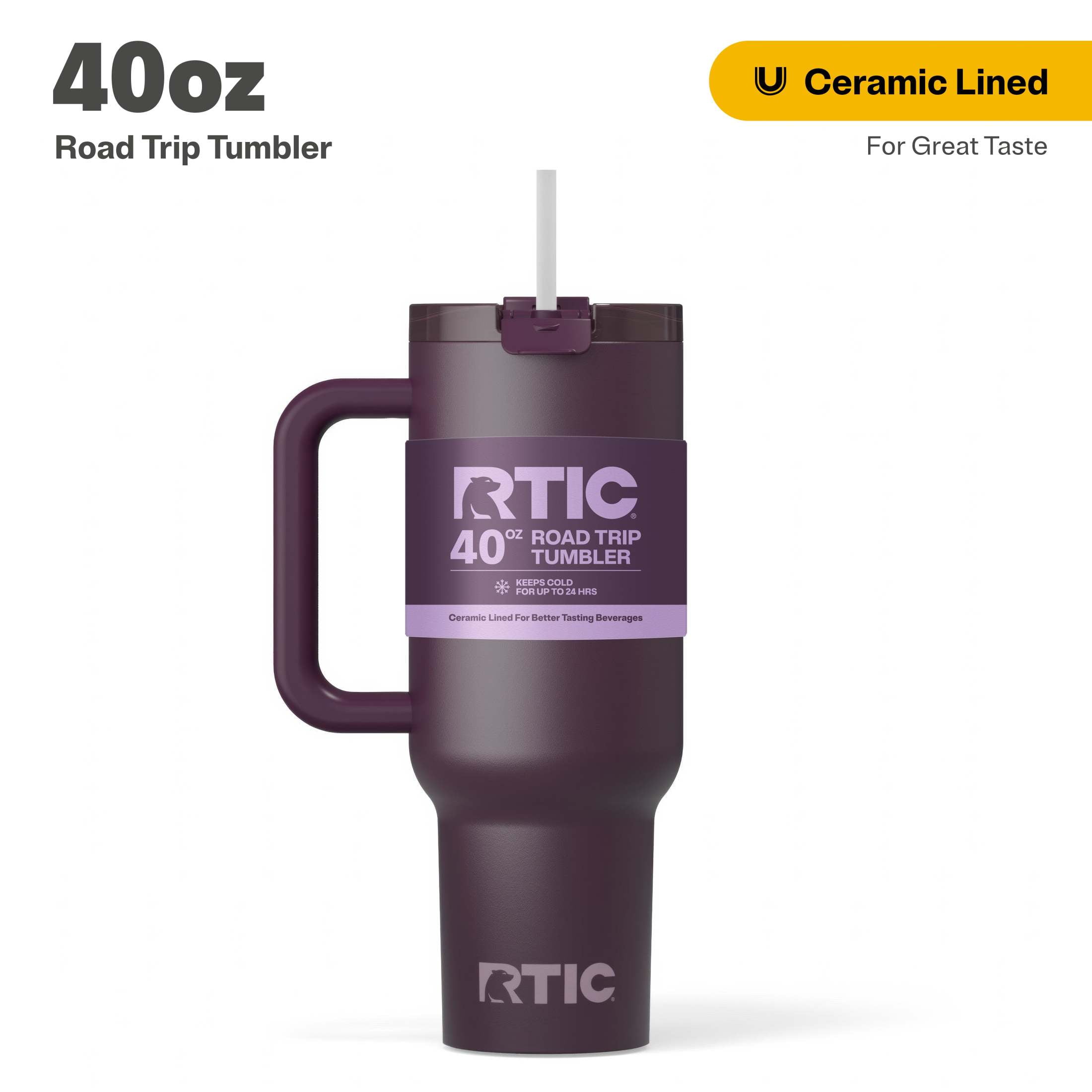 RTIC 40 oz Ceramic Lined Road Trip Tumbler, Leak-Resistant Lid with Straw, Plum