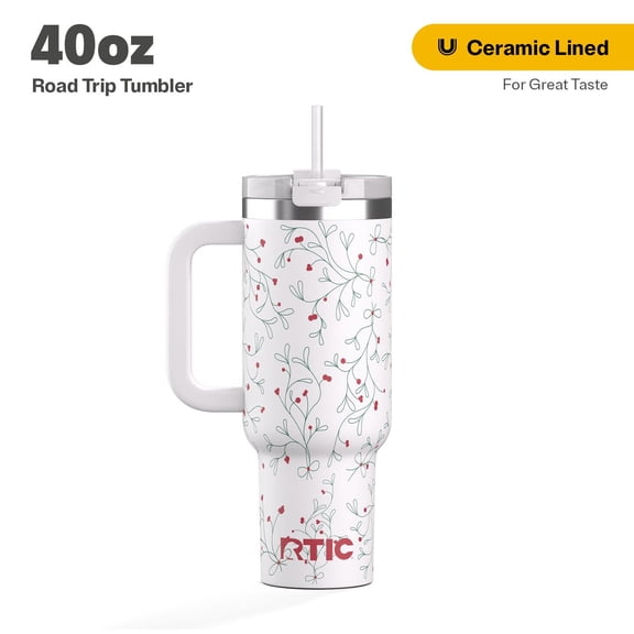RTIC 40 oz Ceramic Lined Road Trip Tumbler, Leak-Resistant Straw Lid, Christmas, Holiday, Mistletoe
