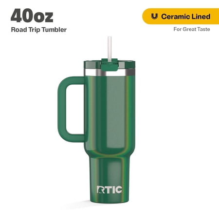RTIC 40 oz Ceramic Lined Road Trip Tumbler, Leak-Resistant Straw Lid, Pine Tree Glitter