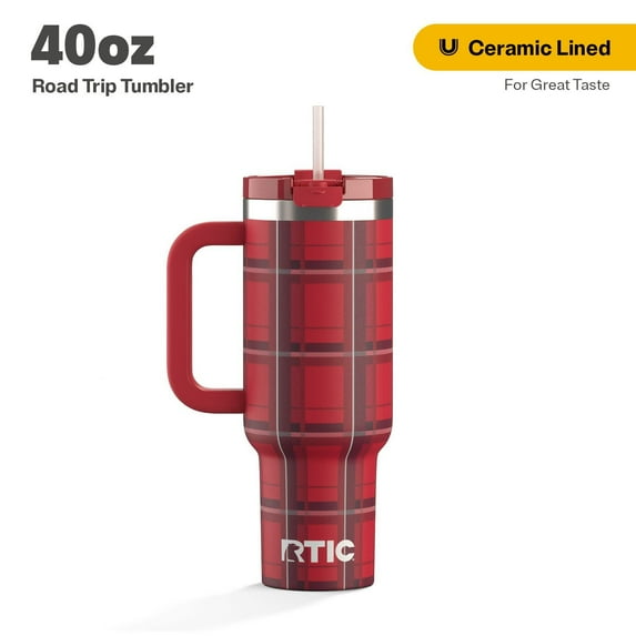 RTIC 40 oz Ceramic Lined Road Trip Tumbler, Leak-Resistant Straw Lid, Christmas, Holiday, Red Plaid