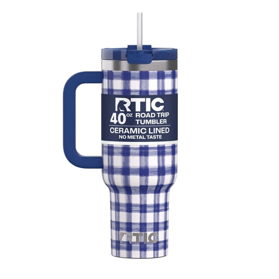 RTIC Road Trip 40 oz Leak-Resistant Straw Lid Ceramic Lined Tumbler, Cobalt Gingham