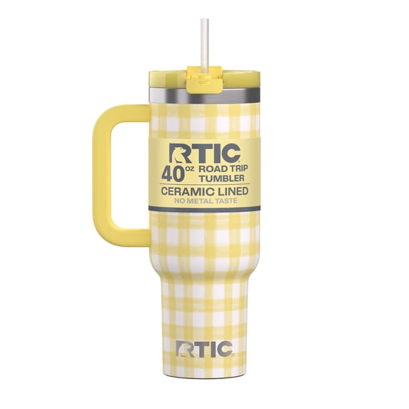 RTIC Road Trip 40 oz Leak-Resistant Straw Lid Ceramic Lined Tumbler, Sunlight Gingham